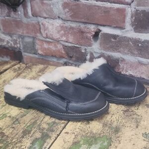 UGG Black Leather Shearling Lined Mules